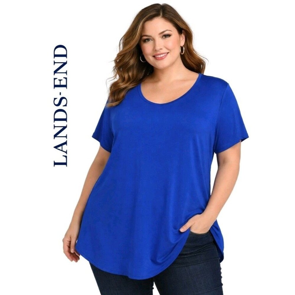 LANDS END Women 16W/18W Tunic Rayon Spandex Short Sleeve Pullover Royal Blue Top